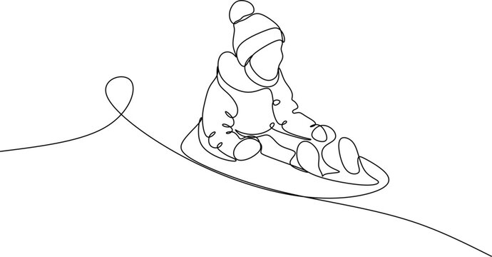 Happy Family With A Child On A Sleigh, Black Linear Sketch Isolated On A White Background. Vector Illustration