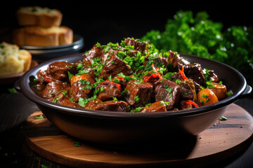 Boeuf bourguignon on wooden table . Traditional French cuisine - 686224839