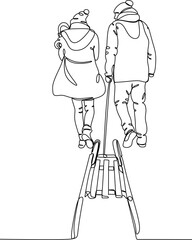 Happy family with a child on a sleigh, black linear sketch isolated on a white background. Vector illustration