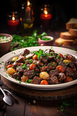 Boeuf bourguignon on wooden table . Traditional French cuisine - 686225004