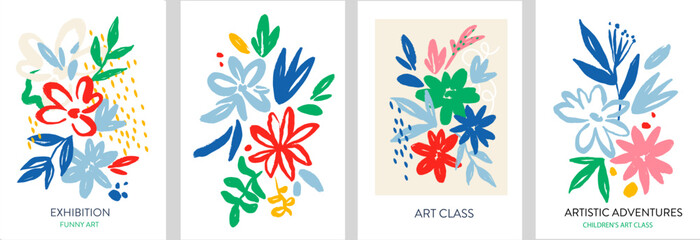 Modern abstract floral vector compositions. Collage contemporary bouquets. Hand drawn cartoon style flowers. Minimalism