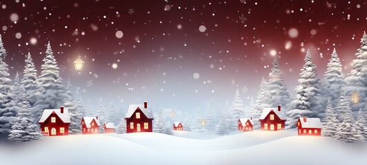 Fototapeta na wymiar Merry Christmas and Happy New Year wide screen background, Christmas Tree with lights and snow. Red theme with snowfall.