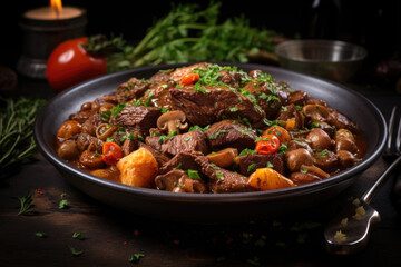 Boeuf bourguignon on wooden table . Traditional French cuisine - 686225289