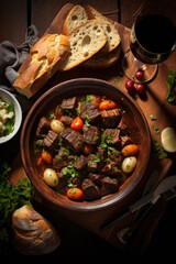 Boeuf bourguignon on wooden table . Traditional French cuisine - 686225291