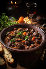 Boeuf bourguignon on wooden table . Traditional French cuisine - 686225444