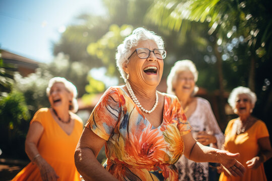 Senior Latin Women's Dance Delight: Backyard Guided Dance Class For Joyful Play And Relaxation In Senior Residential Haven