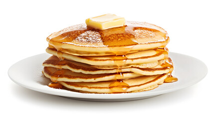 pancakes with syrup on a plate on a white background - obrazy, fototapety, plakaty