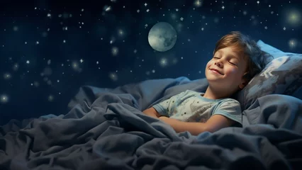 Foto op Canvas Generative AI image of a small boy is sleeping in his bed at night © Eitan Baron