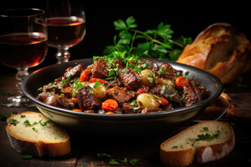 Boeuf bourguignon on wooden table . Traditional French cuisine - 686226068