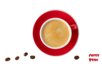 Red white cup hot espresso coffee and beans isolated on white background. Pastry shop or cafe card with text Coffee Break.