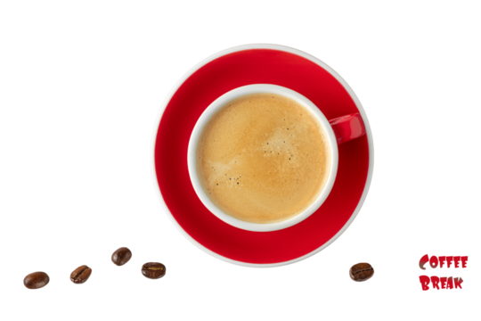 Red white cup hot espresso coffee and beans isolated on white background. Pastry shop or cafe card with text Coffee Break.