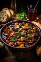 Boeuf bourguignon on wooden table . Traditional French cuisine - 686226244