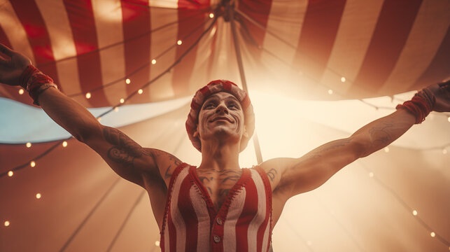 Close-up portrait  of a circus performer showcasing confidence under the big top tent. Concept of Determined Circus Artistry, Confidence in Performance, Poise and Assurance in Circus Acts.