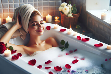 Obraz na płótnie Canvas Happy beautiful woman taking bubble bath. Romantic atmosphere. woman having bubble bath. woman pampering her body in water. She is leaning on bathtub side and smiling.