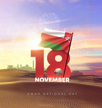 Oman National Day. Oman flags against the sunset and desert. 3D rendering illustration