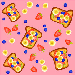 seamless pattern with fruits, berries, sandwich 