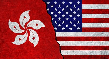 USA and Hong Kong flag together on a textured wall. Relations between Hong Kong and United States of America