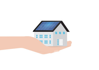 Hand Holding House with Solar Panel on the Roof. Solar Energy and Renewable Energy Sources. Clean and Green Energy. Vector Illustration.