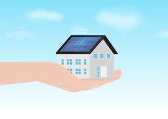 Hand Holding House with Solar Panel on the Roof. Solar Energy and Renewable Energy Sources. Clean and Green Energy. Vector Illustration.