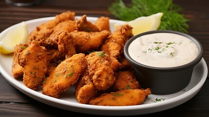 A plate of Cajun-seasoned crawfish bites with remoulade dipping sauce.