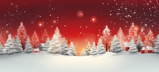 Merry Christmas and Happy New Year wide screen background, Christmas Tree with lights and snow. Red theme with snowfall.