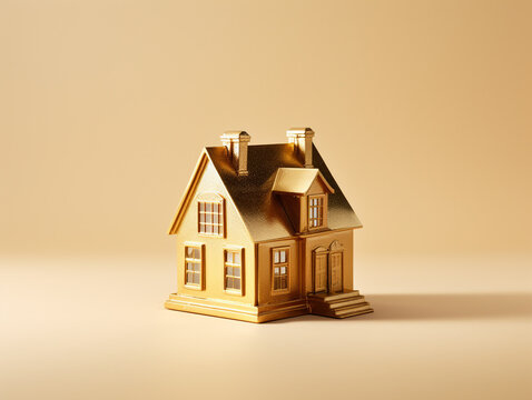 A golden house miniature model isolated on a plain background.  