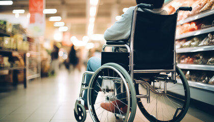 Woman in wheelchair in supermarket buying groceries