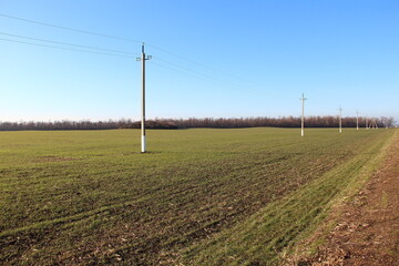 Fototapeta na wymiar Plowed agricultural field and electric poles