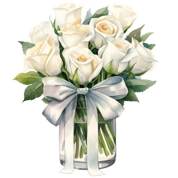 Watercolor white roses in glass vase with bow tie.