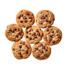 Baking delicious chocolate chip cookies top view isolated on transparent background