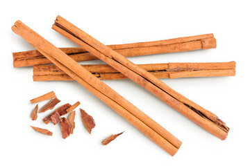 Cinnamon sticks isolated on white background with full depth of field. Top view. Flat lay.
