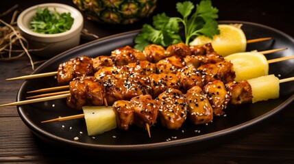 A plate of teriyaki chicken skewers with a side of grilled pineapple.