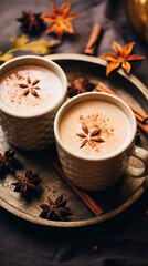 Obraz na płótnie Canvas Masala tea traditional hot Indian sweet milk spiced drink in ceramic cups. Spices cinnamon sticks, cardamom pods, star anise on a tray. vertical