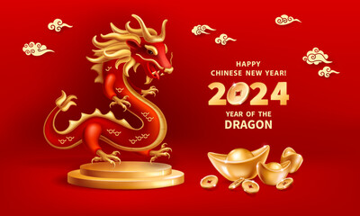 Dragon is a symbol of the 2024 Chinese New Year. Realistic 3d figure of red Dragon on a podium with gold ingots Yuan Bao and coins on red background. Holiday vector illustration of Zodiac Sign Dragon - 686231266
