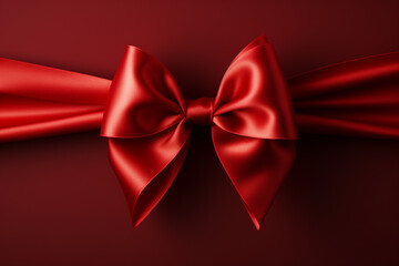 Red satin bow on red background. 3d render illustration.