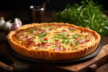 Quiche Lorraine on wooden table.  Traditional French cuisine - 686231410