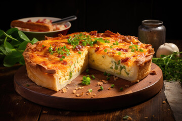 Quiche Lorraine on wooden table.  Traditional French cuisine - 686231433