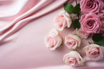 Bouquet of pink and white roses on pink satin background