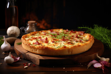 Quiche Lorraine on wooden table.  Traditional French cuisine - 686231632