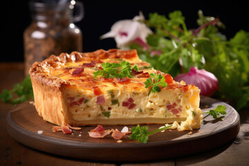 Quiche Lorraine on wooden table.  Traditional French cuisine - 686231656