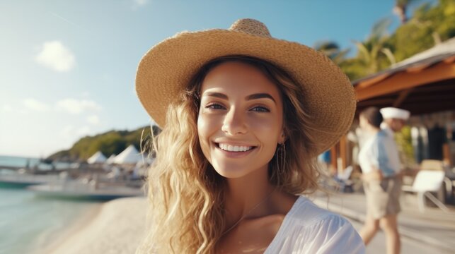 closeup shot of a good looking female tourist. Enjoy free time outdoors near the sea on the beach. Looking at the camera while relaxing on a clear day Poses for travel selfies smiling happy tropical