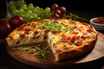 Quiche Lorraine on wooden table.  Traditional French cuisine - 686231811