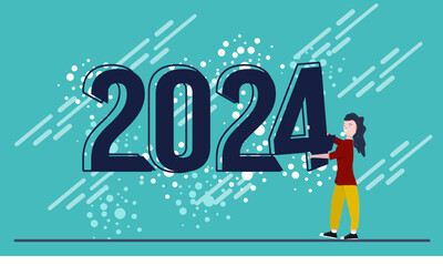 Flat Design Ilustration, Party, A woman holding a paintbrush and spraying the numbers 2024. Suitable for New Year's Eve events, art and creativity concepts, and 2024 year-end reviews. Celebration