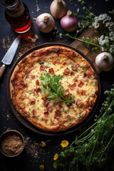 Quiche Lorraine on wooden table.  Traditional French cuisine - 686232005