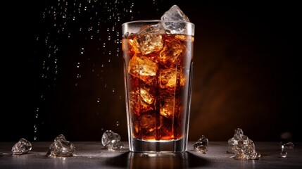 A refreshing cola with ice cubes, condensation glistening on the side of the glass.