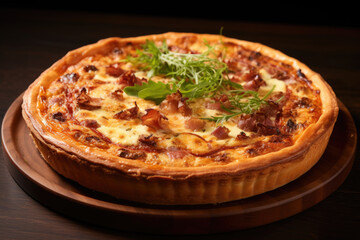 Quiche Lorraine on wooden table.  Traditional French cuisine - 686232245