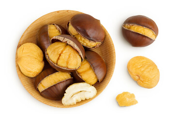 roasted peeled chestnut in wooden bowl isolated on white background. Top view. Flat lay