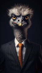 Portrait of an ostrich in a business suit on a dark background