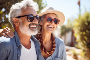 Happy smiling mature couple outdoors, sunny summer day