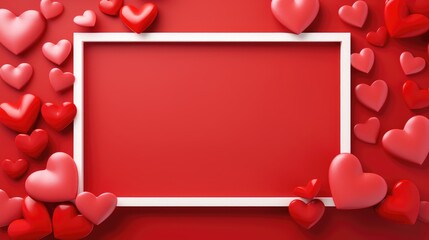 Valentine's Day themed background featuring a bright red backdrop with a central white frame, surrounded by various sizes of 3D heart shapes in shades of red and pink.